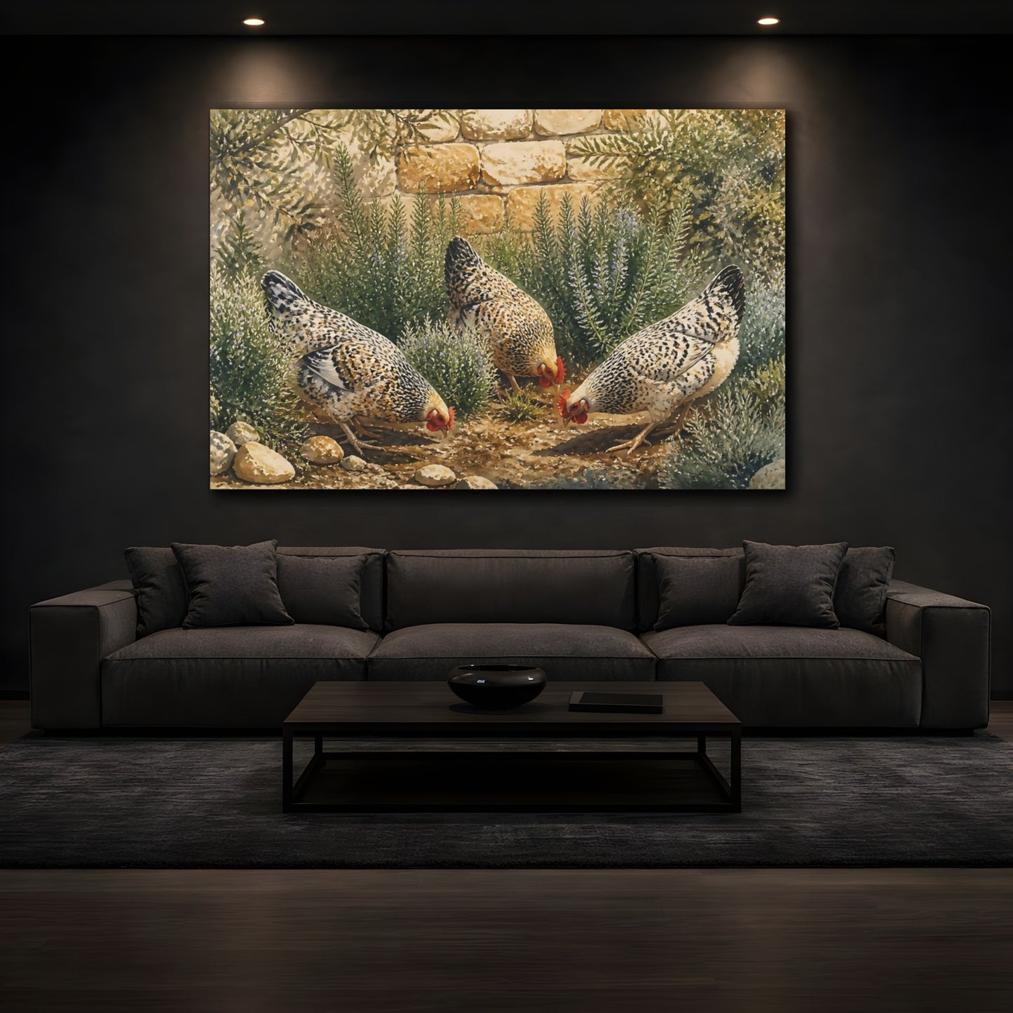 Mockup 3. Hens In Rosemary shown as canvas print
