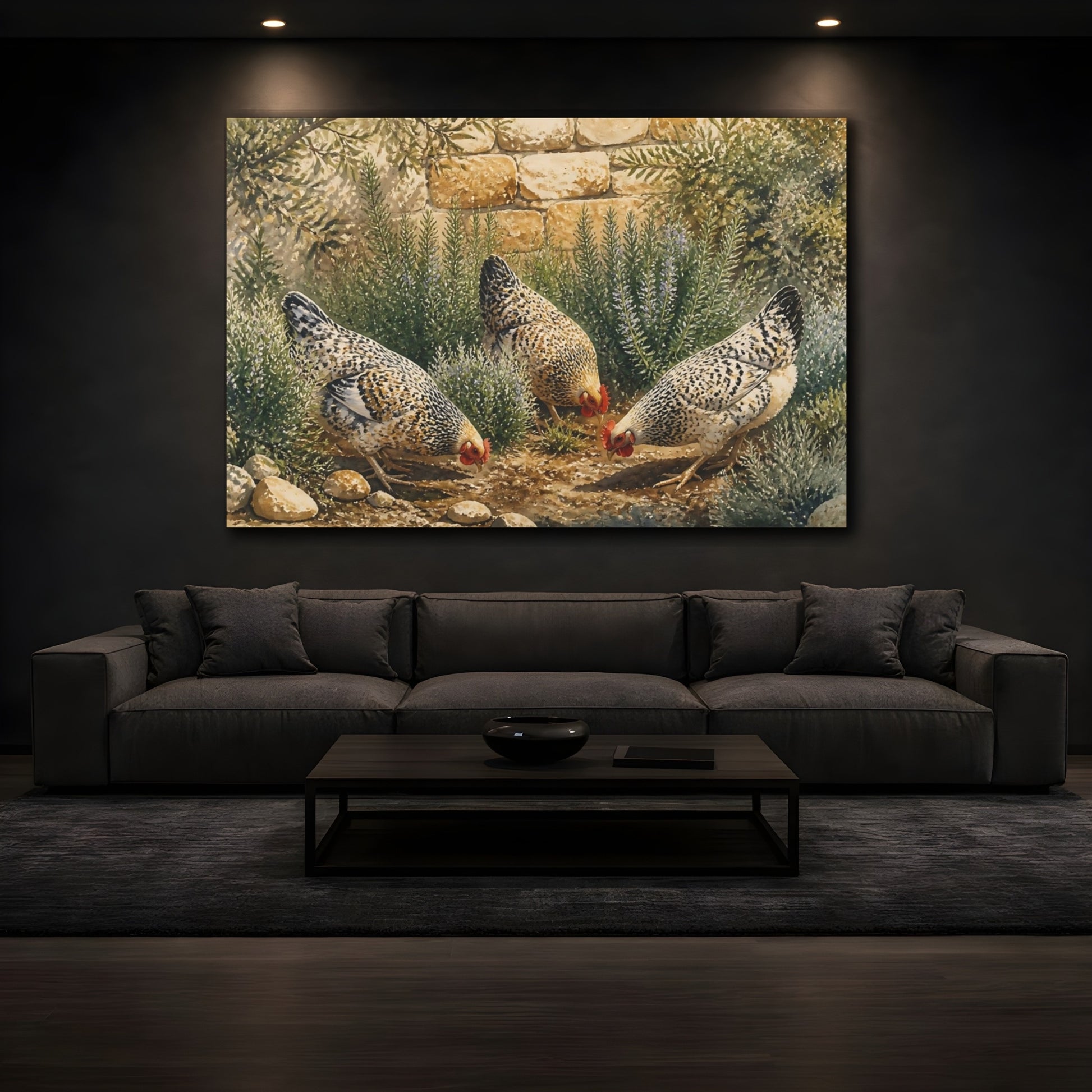 Mockup 3. Hens In Rosemary shown as canvas print