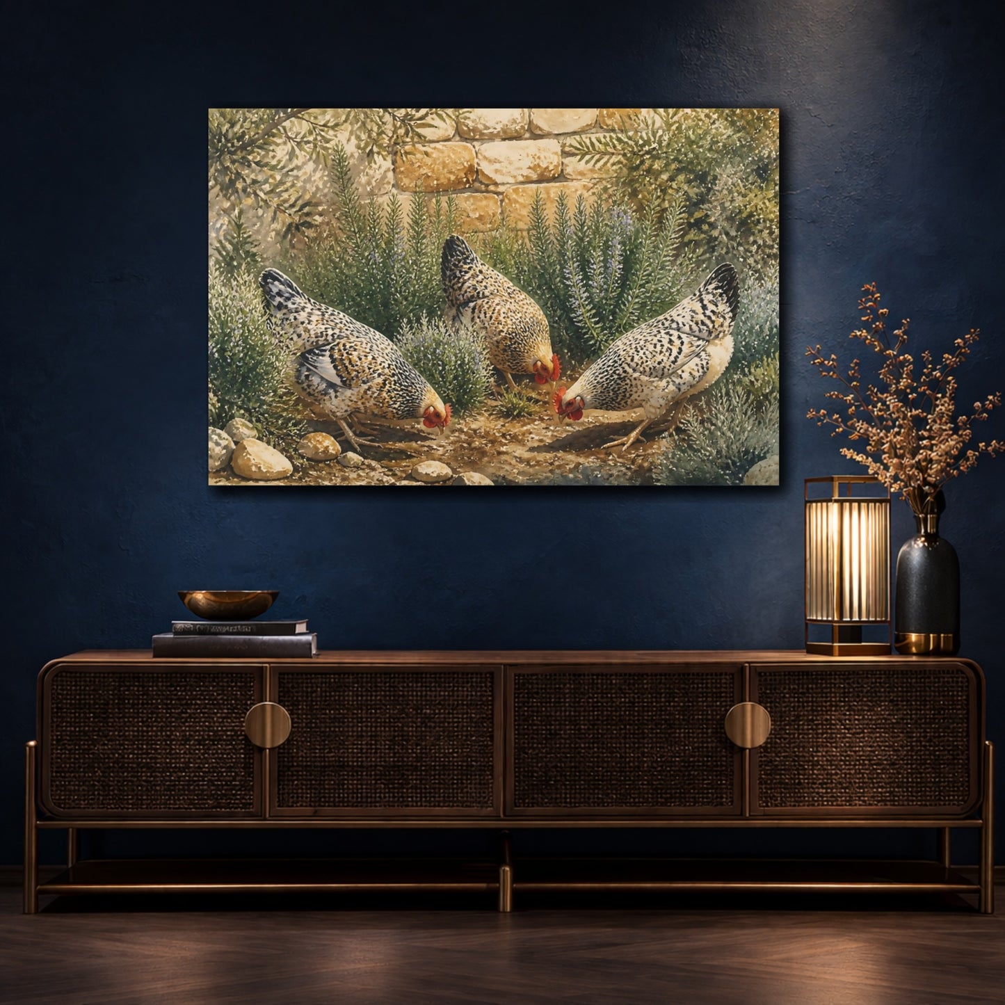 Mockup 4. Hens In Rosemary shown as canvas print