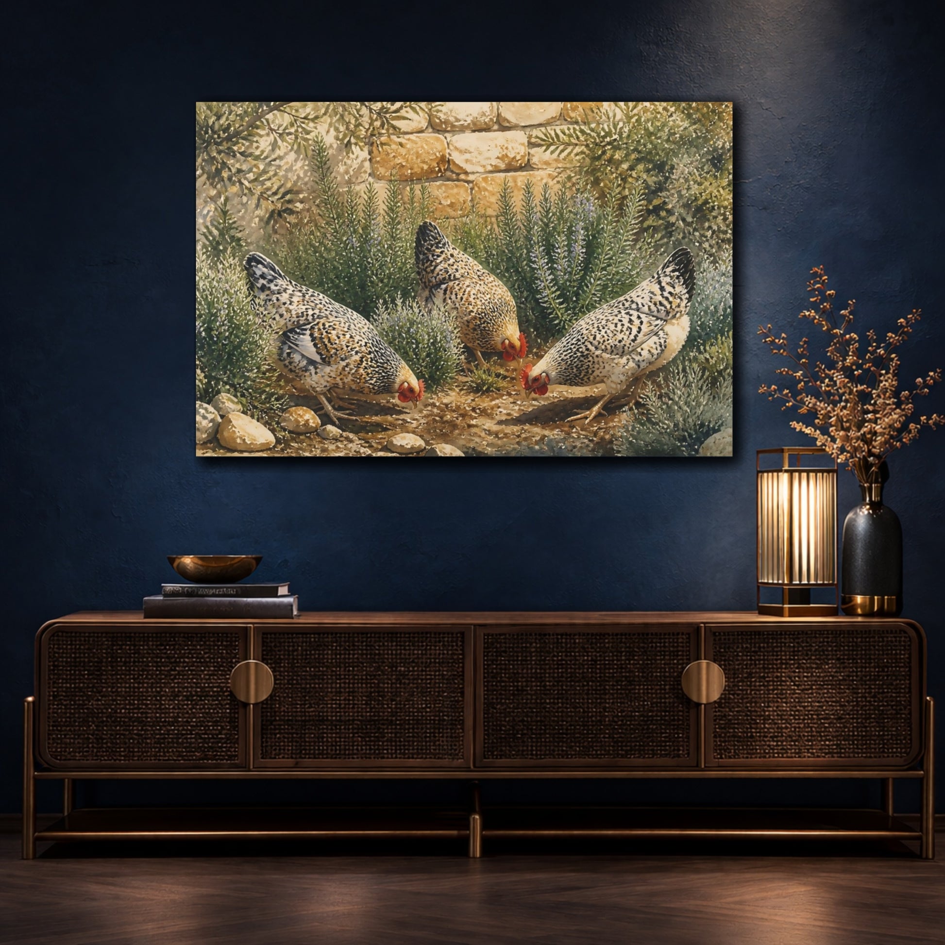 Mockup 4. Hens In Rosemary shown as canvas print
