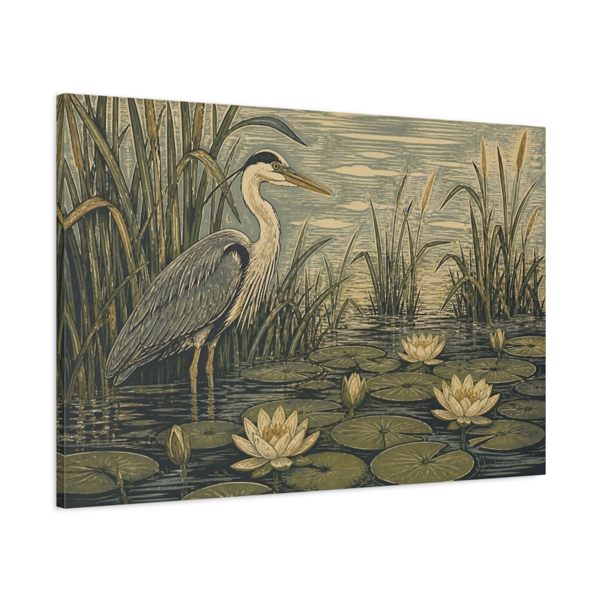 Main Mockup. Heron In Lily Pond shown as canvas print