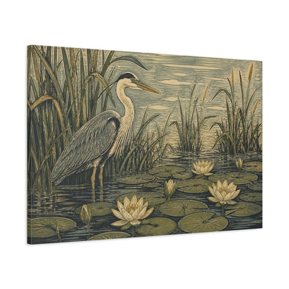 Main Mockup. Heron In Lily Pond shown as canvas print