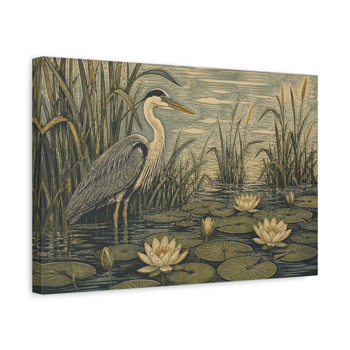 Side Mockup 4. Heron In Lily Pond shown as canvas print