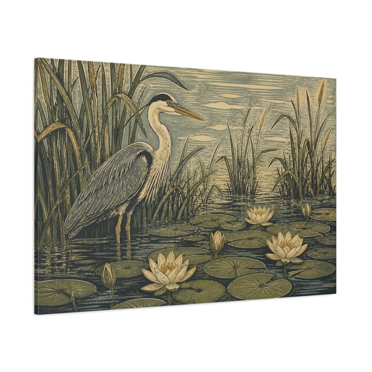 Side Mockup 1. Heron In Lily Pond shown as canvas print