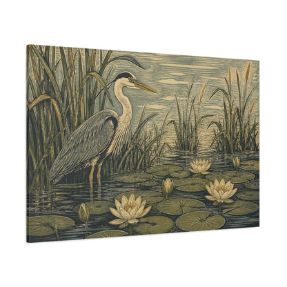 Side Mockup 1. Heron In Lily Pond shown as canvas print