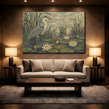 Mockup 2. Heron In Lily Pond shown as canvas print