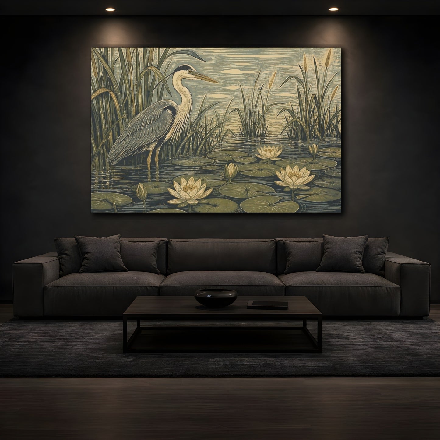 Mockup 3. Heron In Lily Pond shown as canvas print