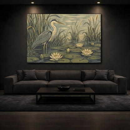 Mockup 3. Heron In Lily Pond shown as canvas print