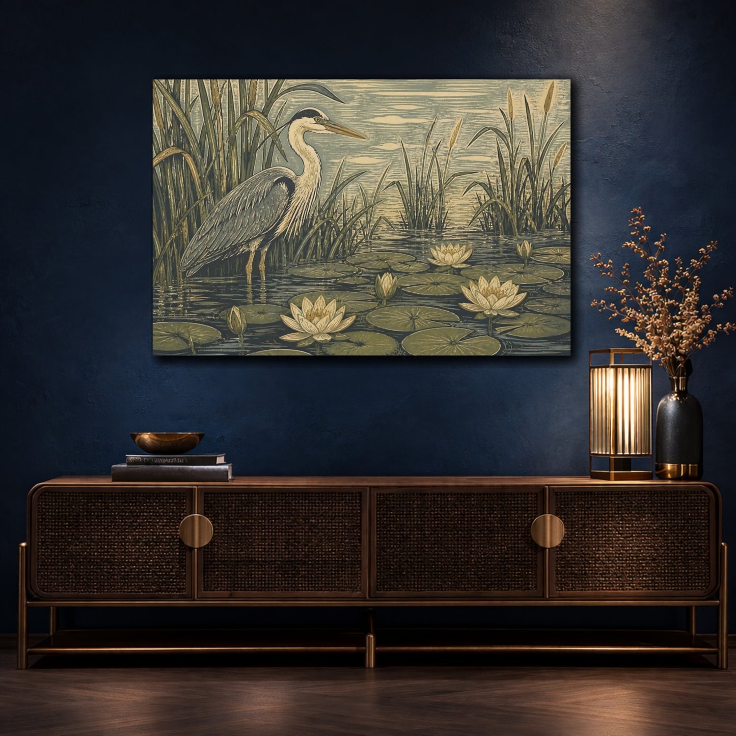 Mockup 4. Heron In Lily Pond shown as canvas print