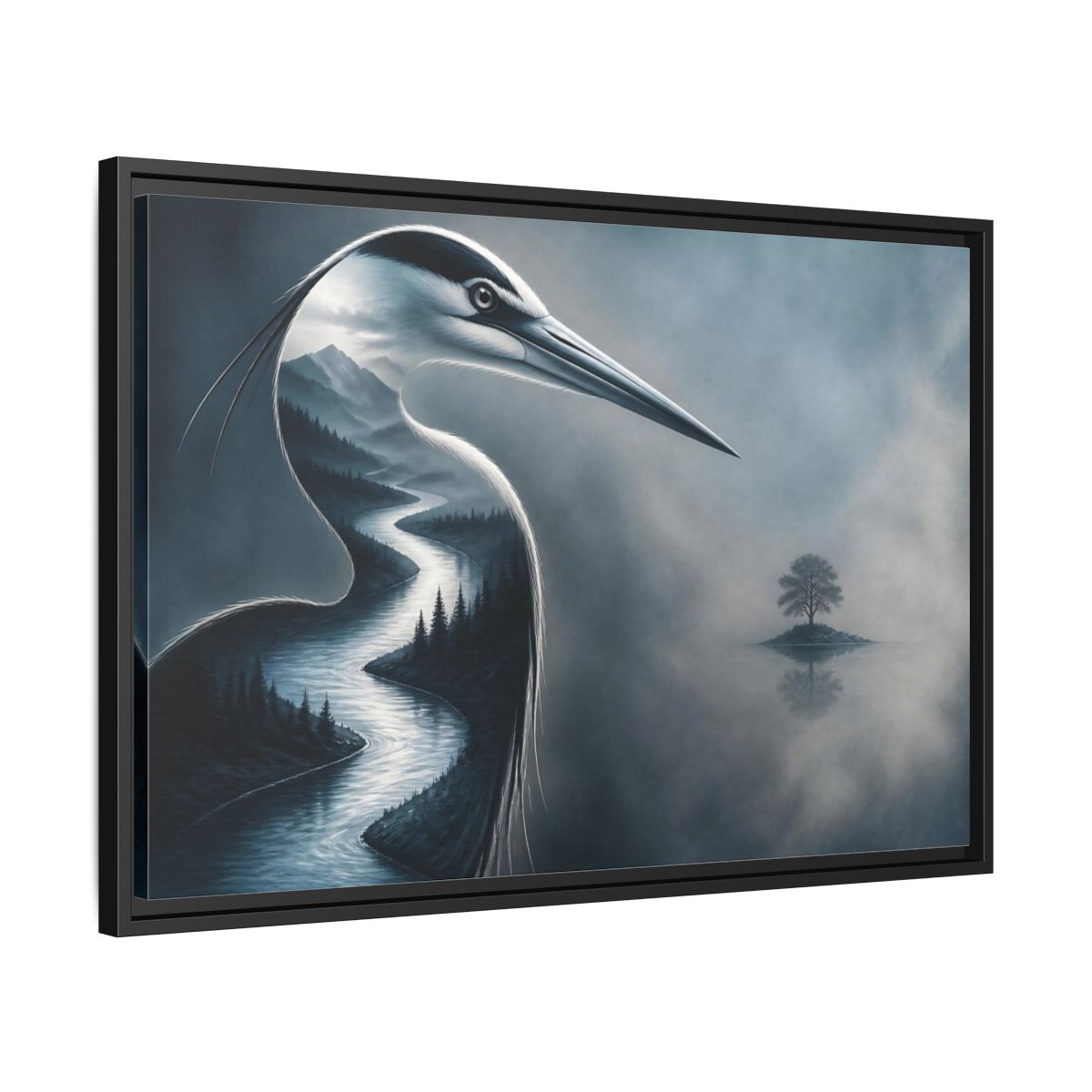 Side Mockup 14. Heron River Illusion shown as framed canvas print