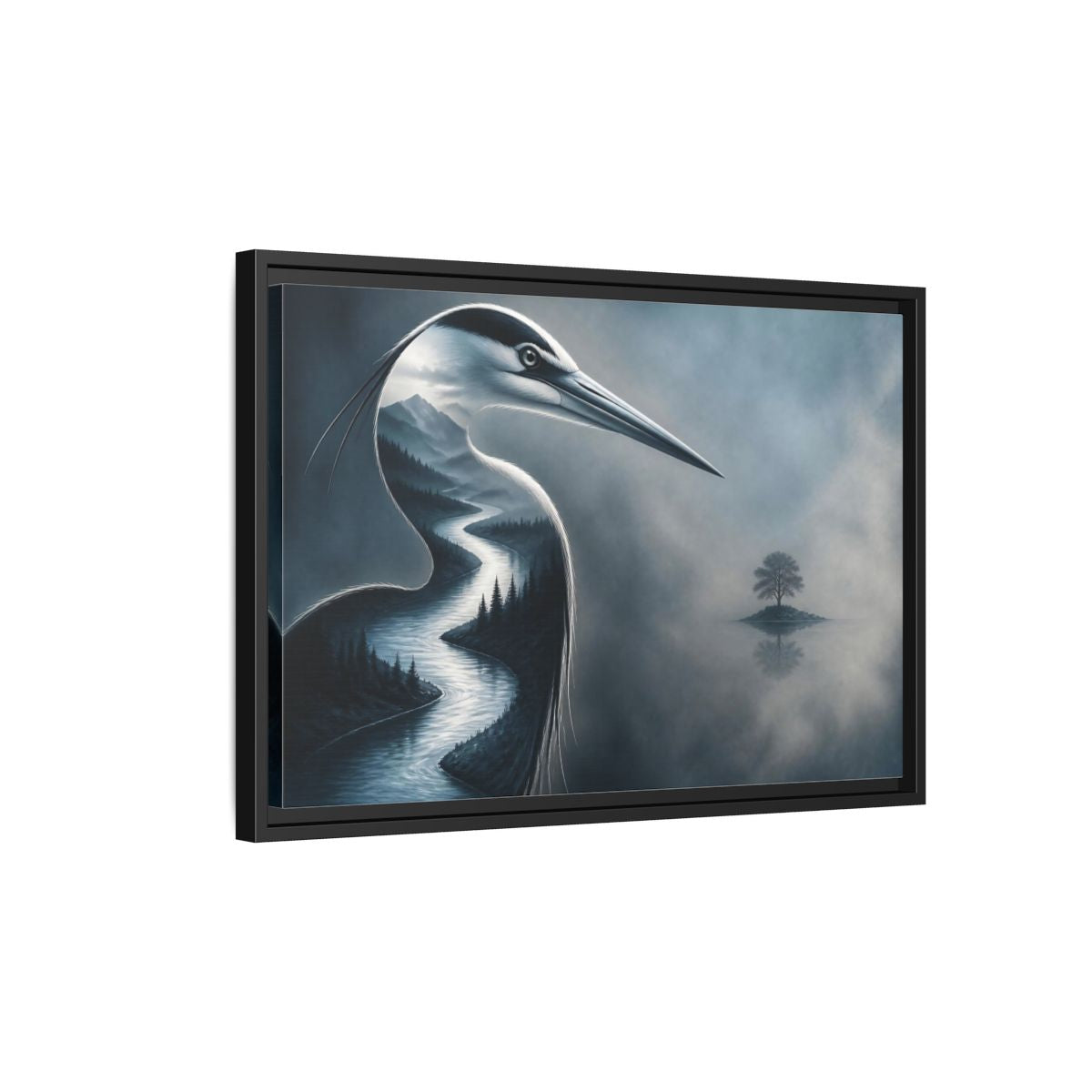 Side Mockup 3. Heron River Illusion shown as framed canvas print