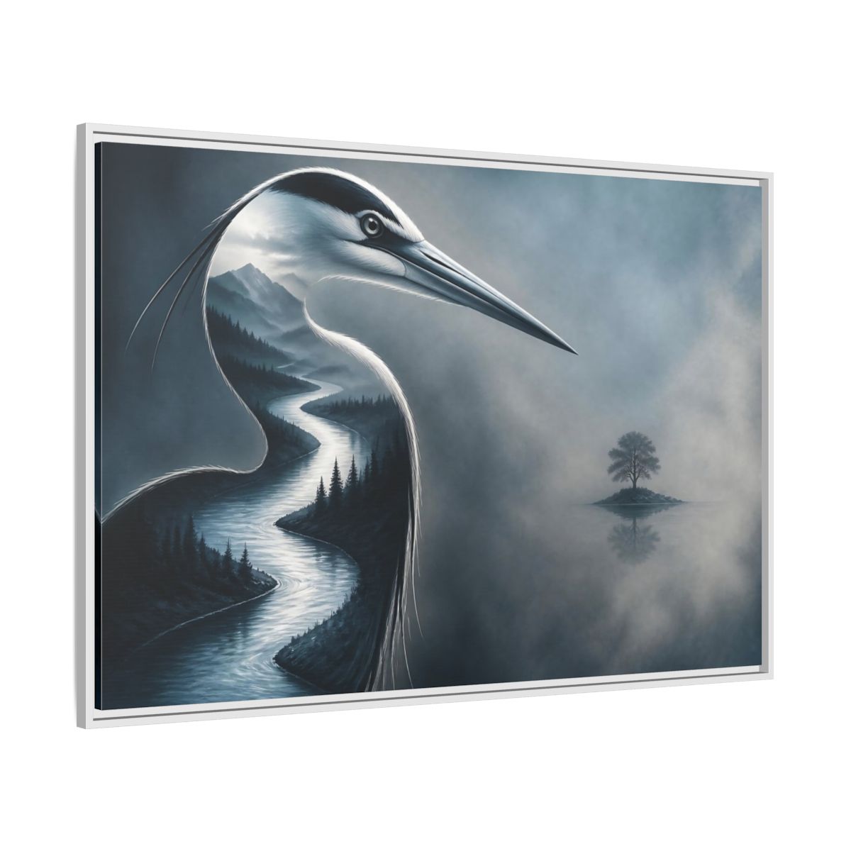Side Mockup 7. Heron River Illusion shown as framed canvas print