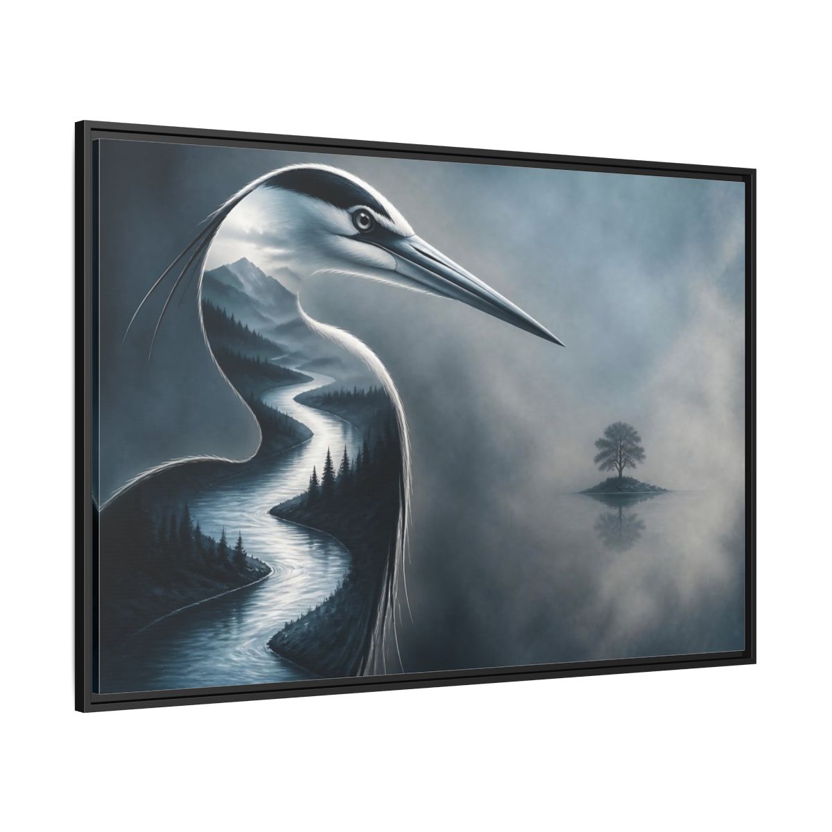 Side Mockup 12. Heron River Illusion shown as framed canvas print
