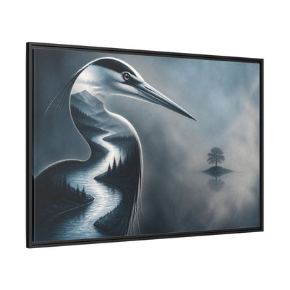Side Mockup 12. Heron River Illusion shown as framed canvas print
