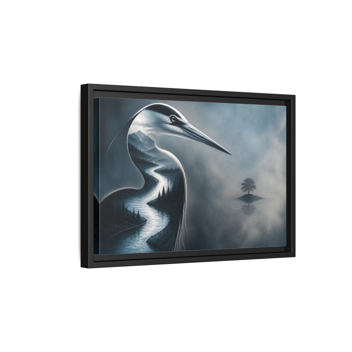 Side Mockup 6. Heron River Illusion shown as framed canvas print