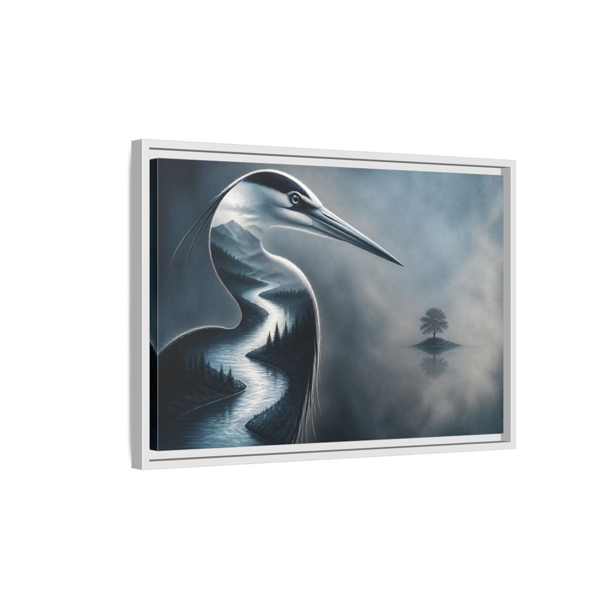 Side Mockup 1. Heron River Illusion shown as framed canvas print