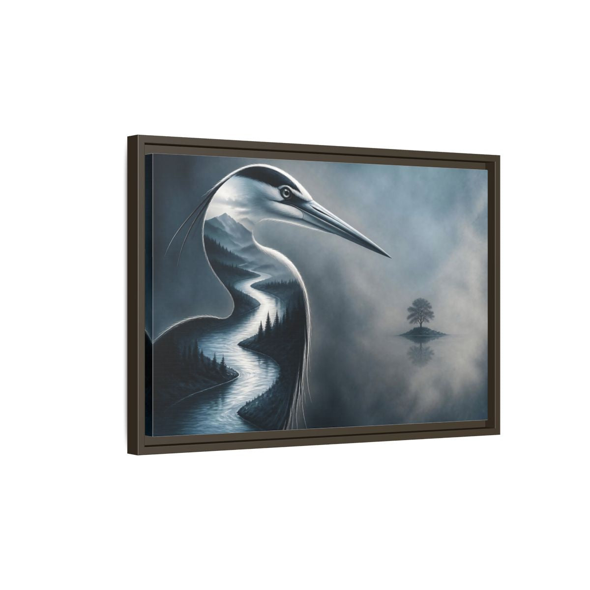 Side Mockup 2. Heron River Illusion shown as framed canvas print