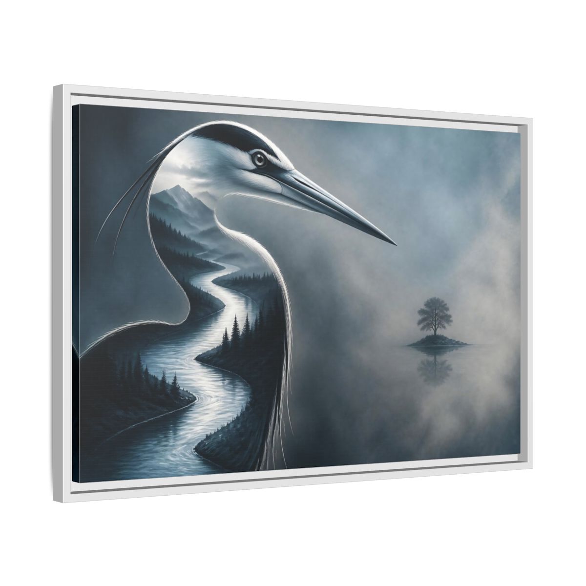 Side Mockup 10. Heron River Illusion shown as framed canvas print