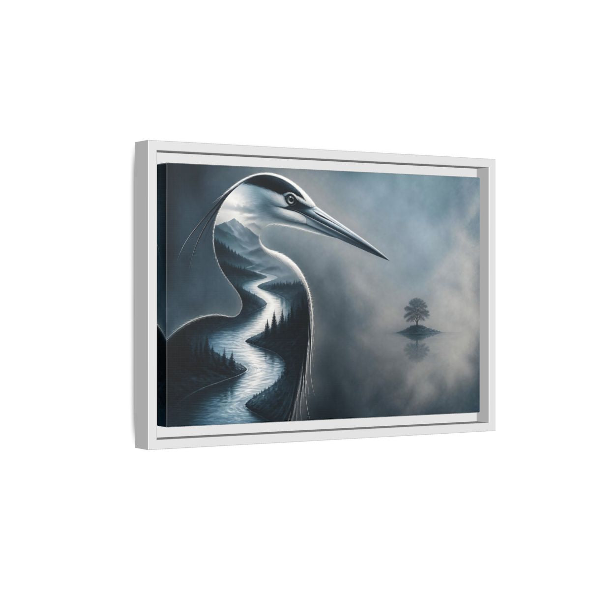 Side Mockup 4. Heron River Illusion shown as framed canvas print