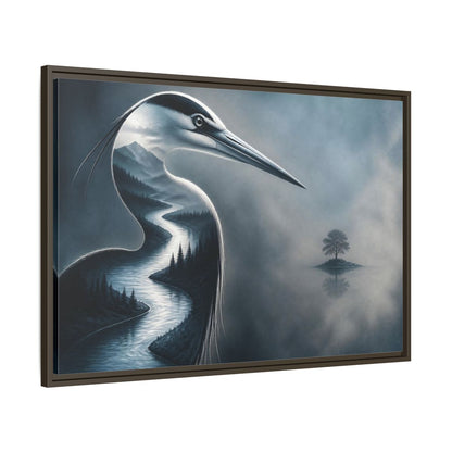 Main Mockup. Heron River Illusion shown as framed canvas print
