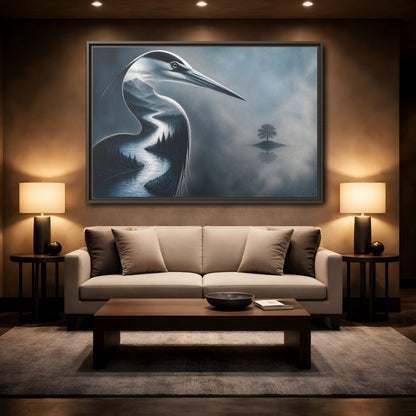 Mockup 2. Heron River Illusion shown as framed canvas print
