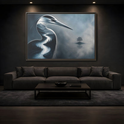 Mockup 3. Heron River Illusion shown as framed canvas print