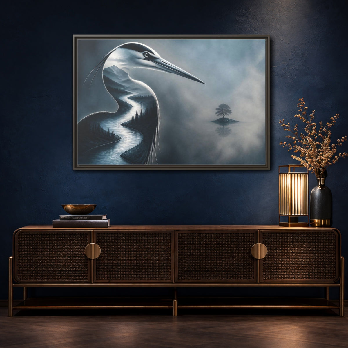 Mockup 4. Heron River Illusion shown as framed canvas print