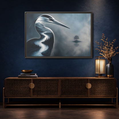 Mockup 4. Heron River Illusion shown as framed canvas print