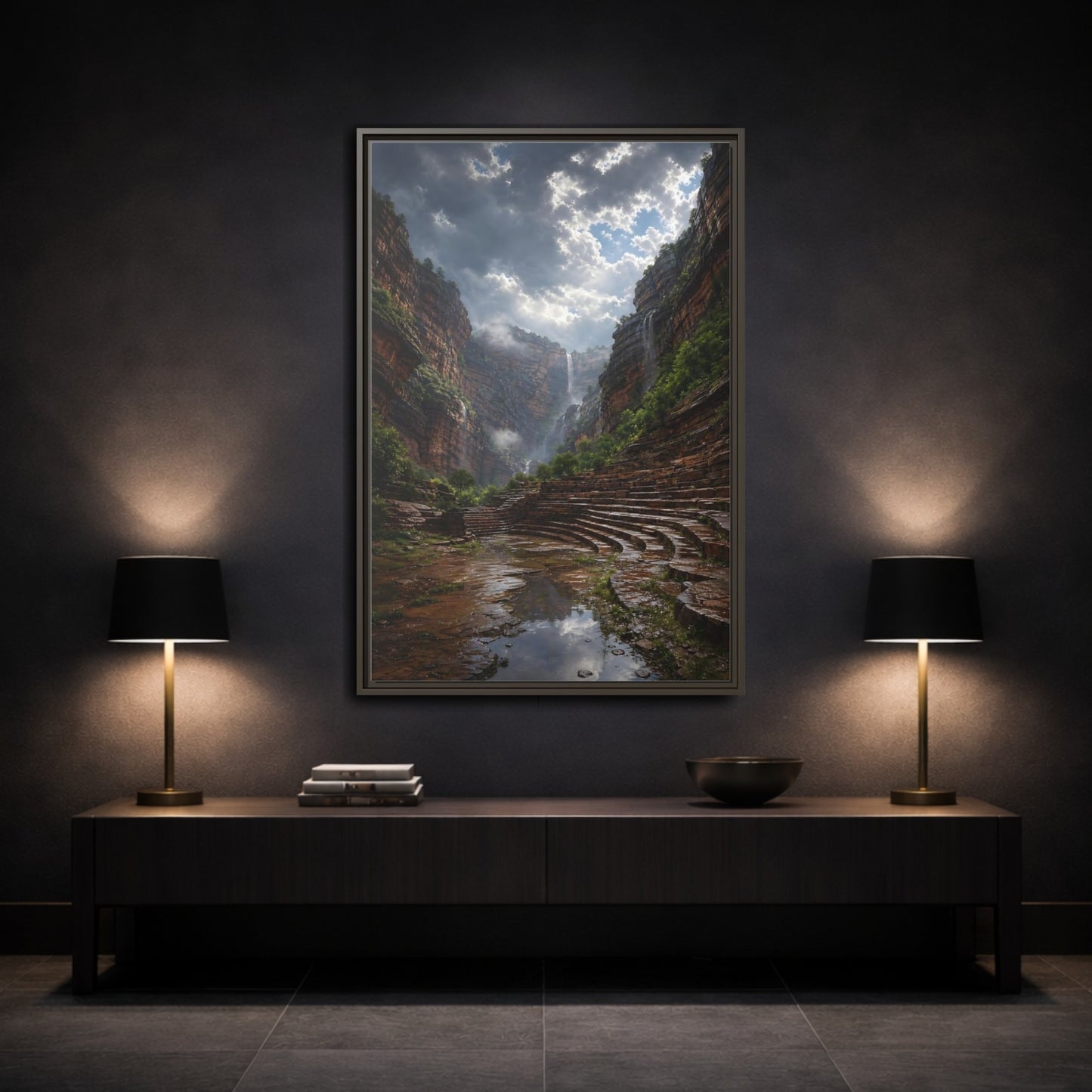 Mockup 3. Hidden Canyon Waterfall shown as framed canvas print