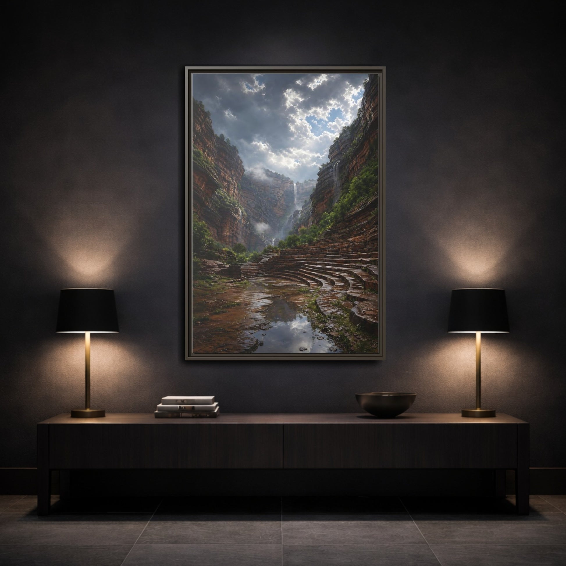 Mockup 3. Hidden Canyon Waterfall shown as framed canvas print