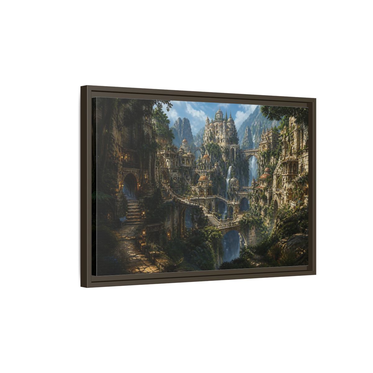 Side Mockup 2. Hidden Mountain Citadel shown as framed canvas print