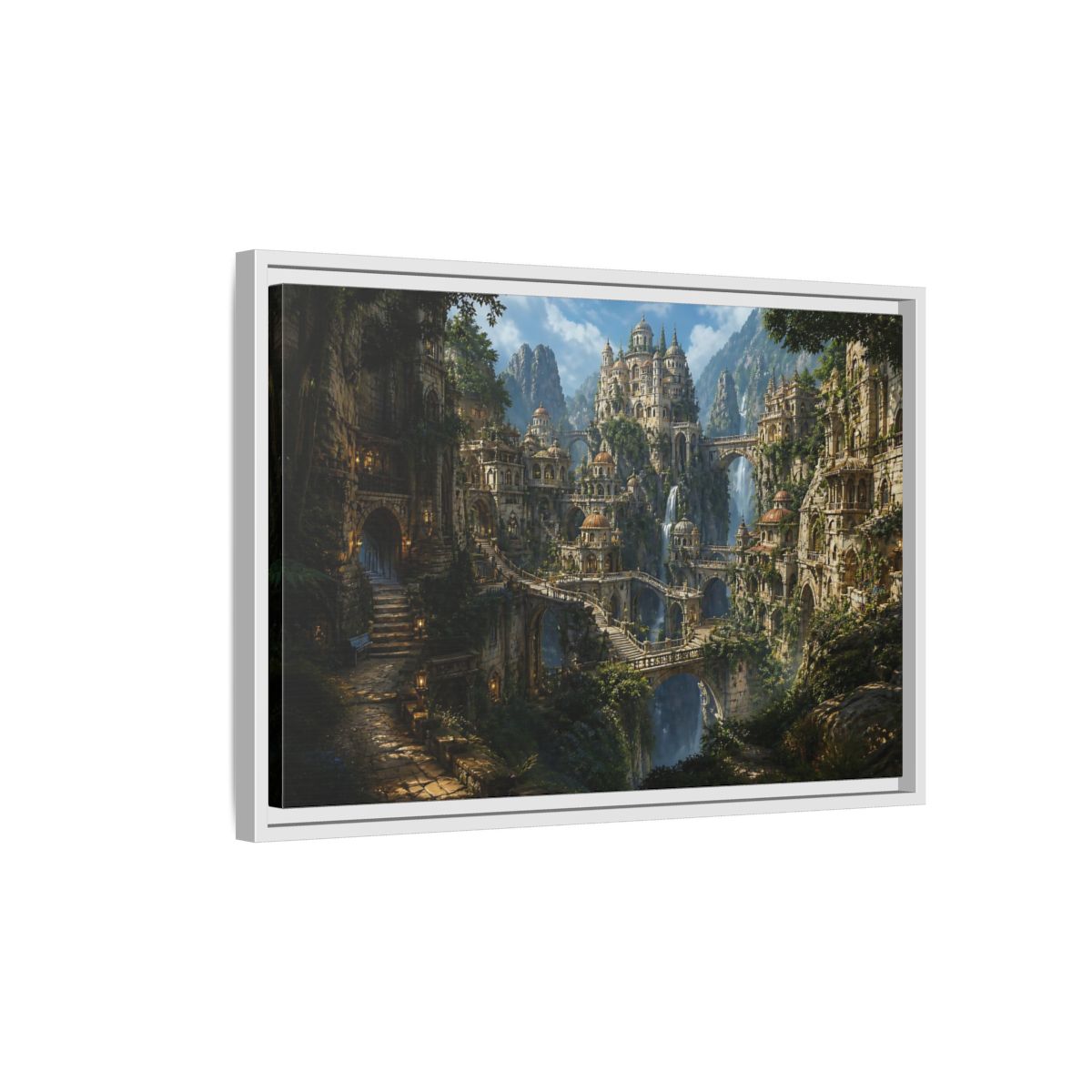Side Mockup 1. Hidden Mountain Citadel shown as framed canvas print