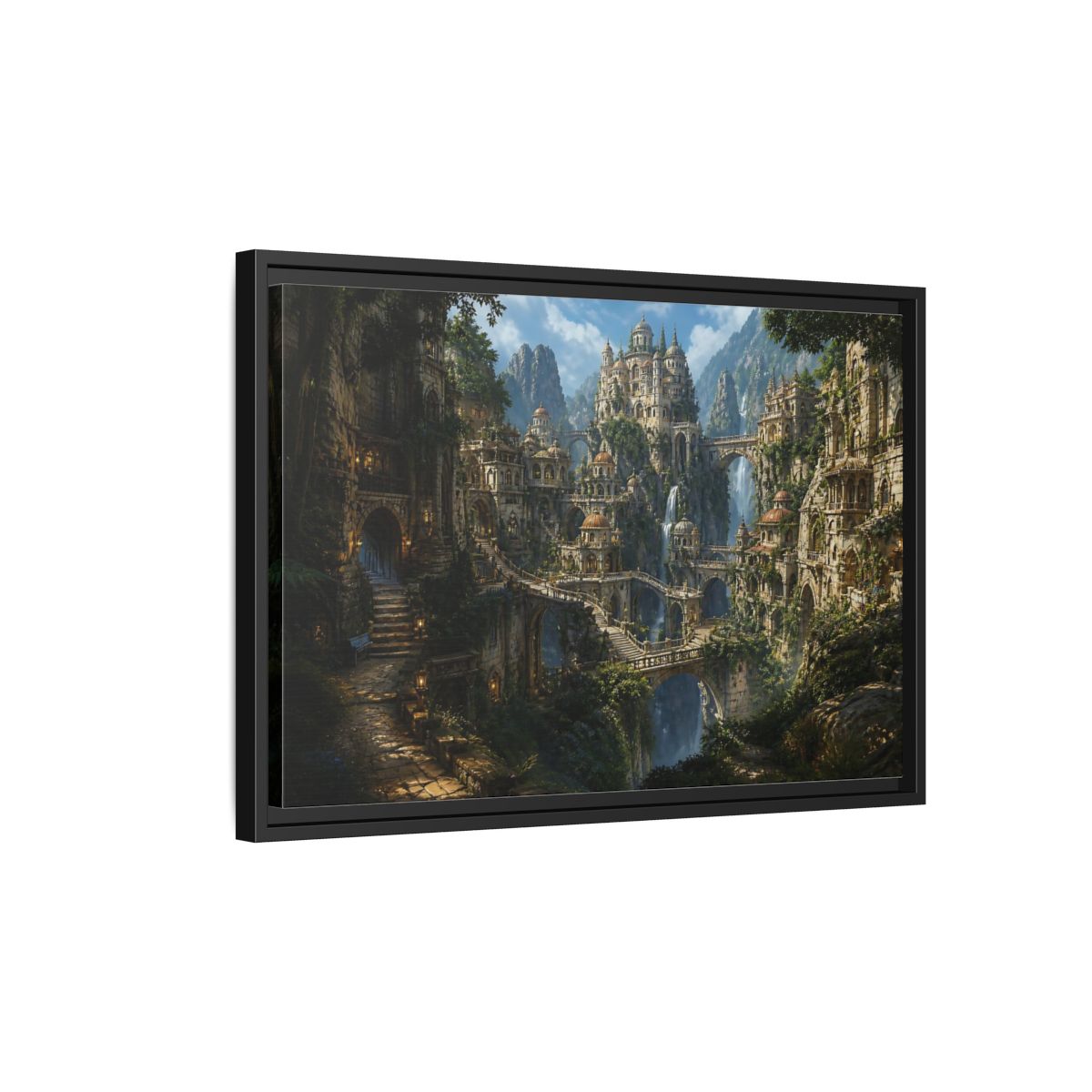 Side Mockup 3. Hidden Mountain Citadel shown as framed canvas print