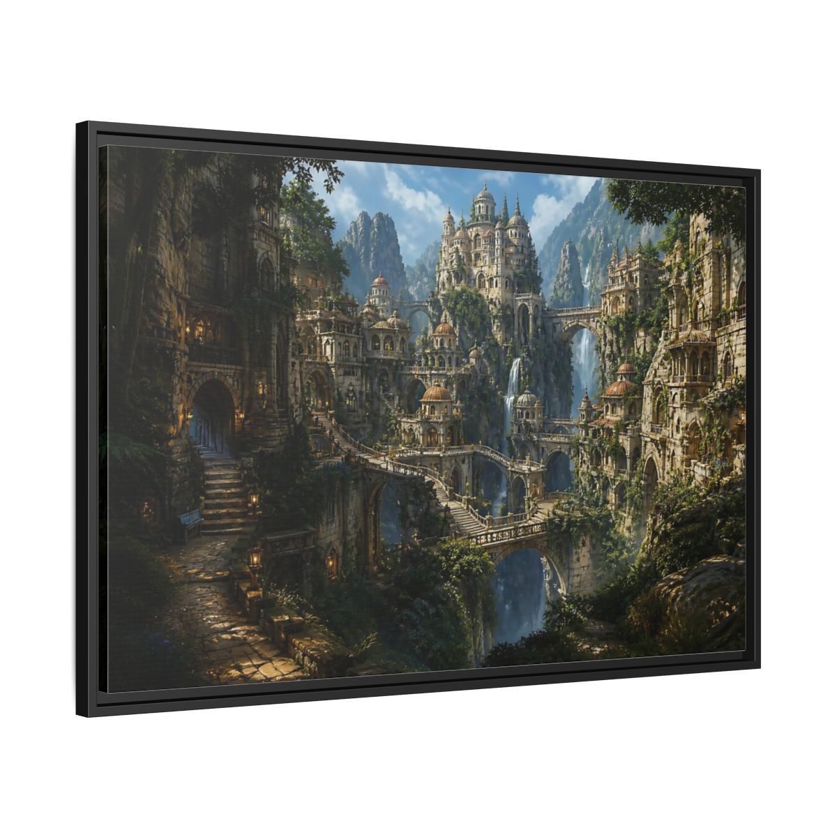 Side Mockup 13. Hidden Mountain Citadel shown as framed canvas print