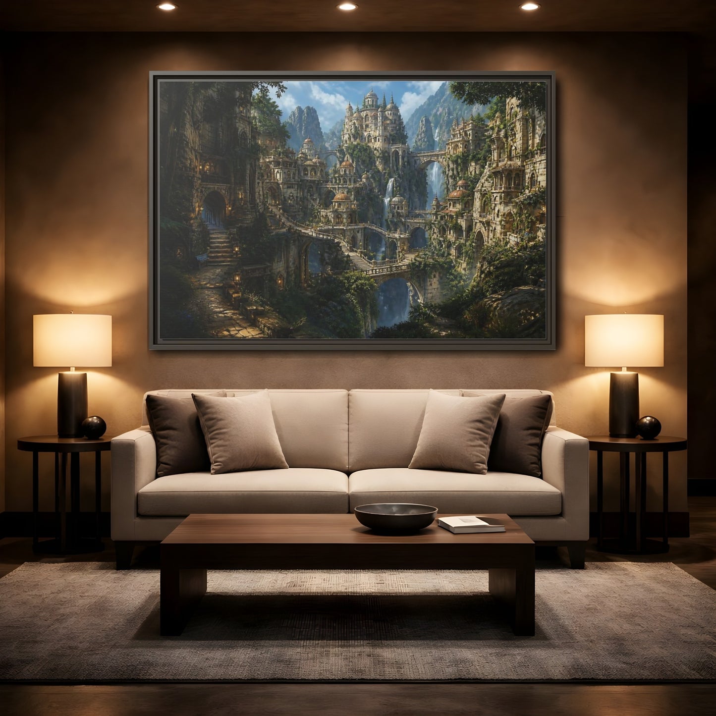 Mockup 2. Hidden Mountain Citadel shown as framed canvas print