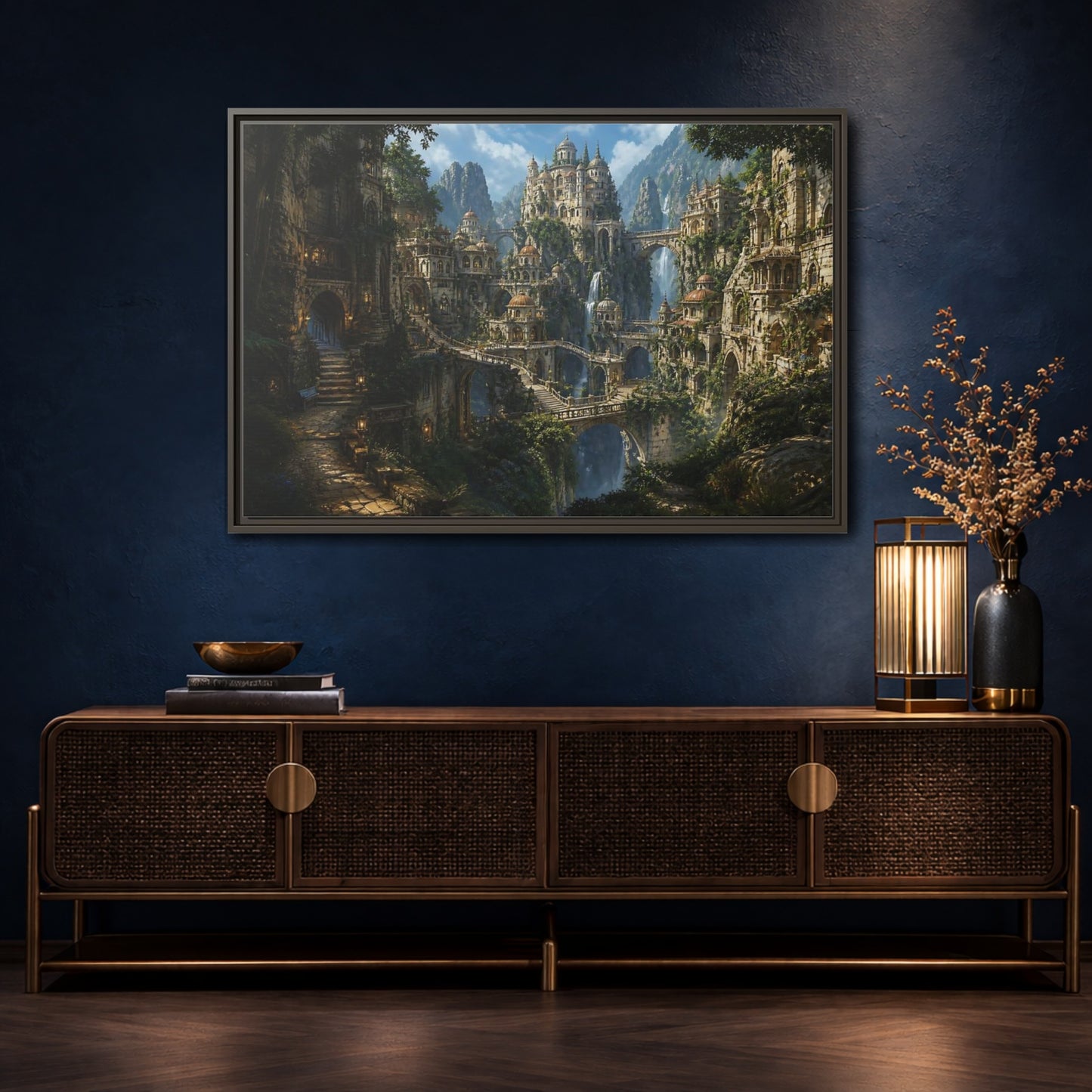 Mockup 4. Hidden Mountain Citadel shown as framed canvas print