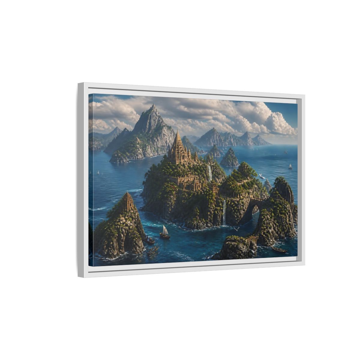 Side Mockup 1. Hidden Temple Isles shown as framed canvas print