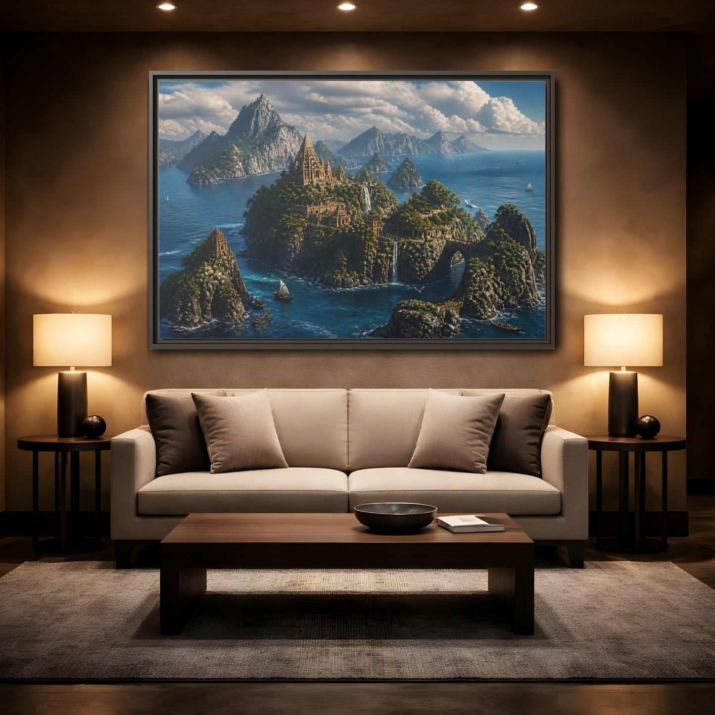 Mockup 2. Hidden Temple Isles shown as framed canvas print