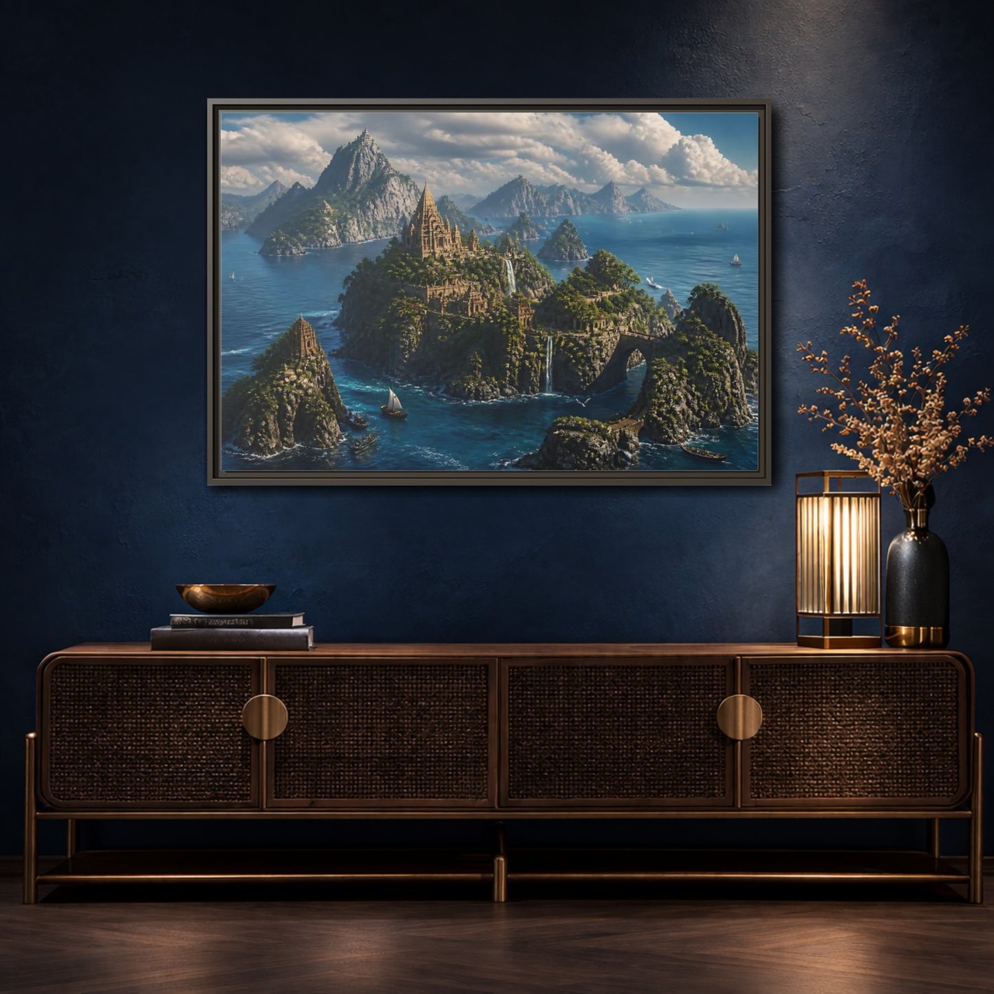 Mockup 4. Hidden Temple Isles shown as framed canvas print
