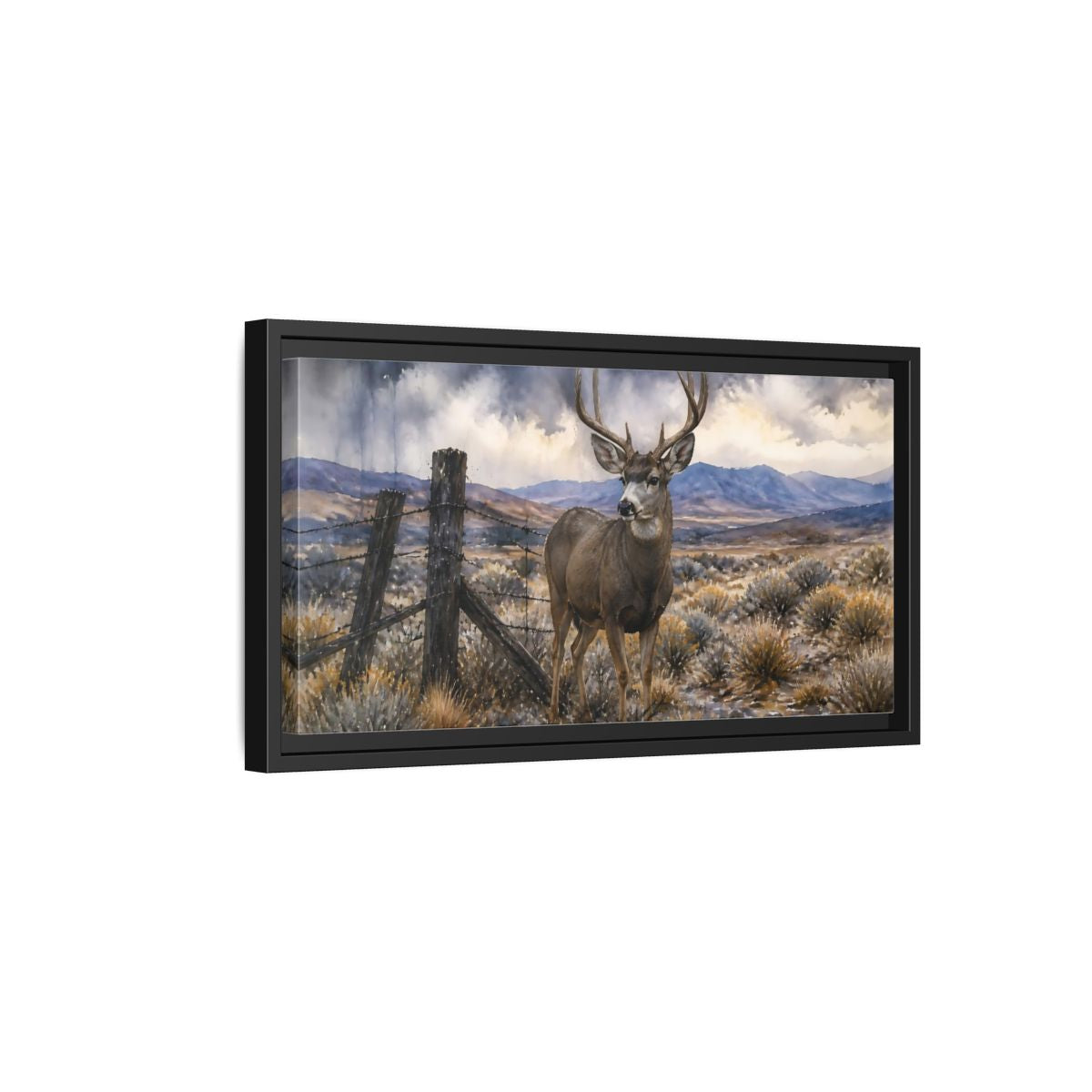 Side Mockup 8. High Desert Mule Deer shown as framed canvas print