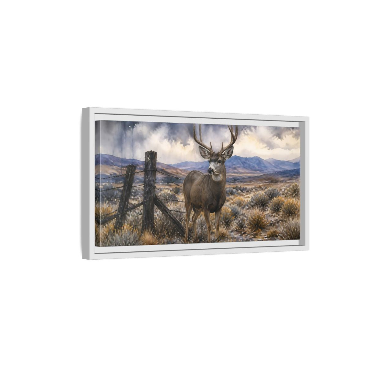 Side Mockup 6. High Desert Mule Deer shown as framed canvas print