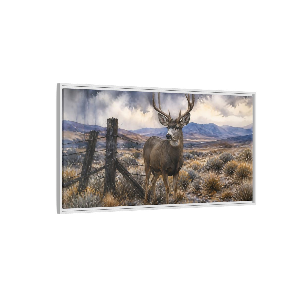 Side Mockup 3. High Desert Mule Deer shown as framed canvas print