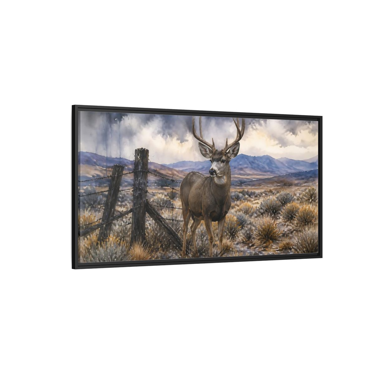 Side Mockup 5. High Desert Mule Deer shown as framed canvas print