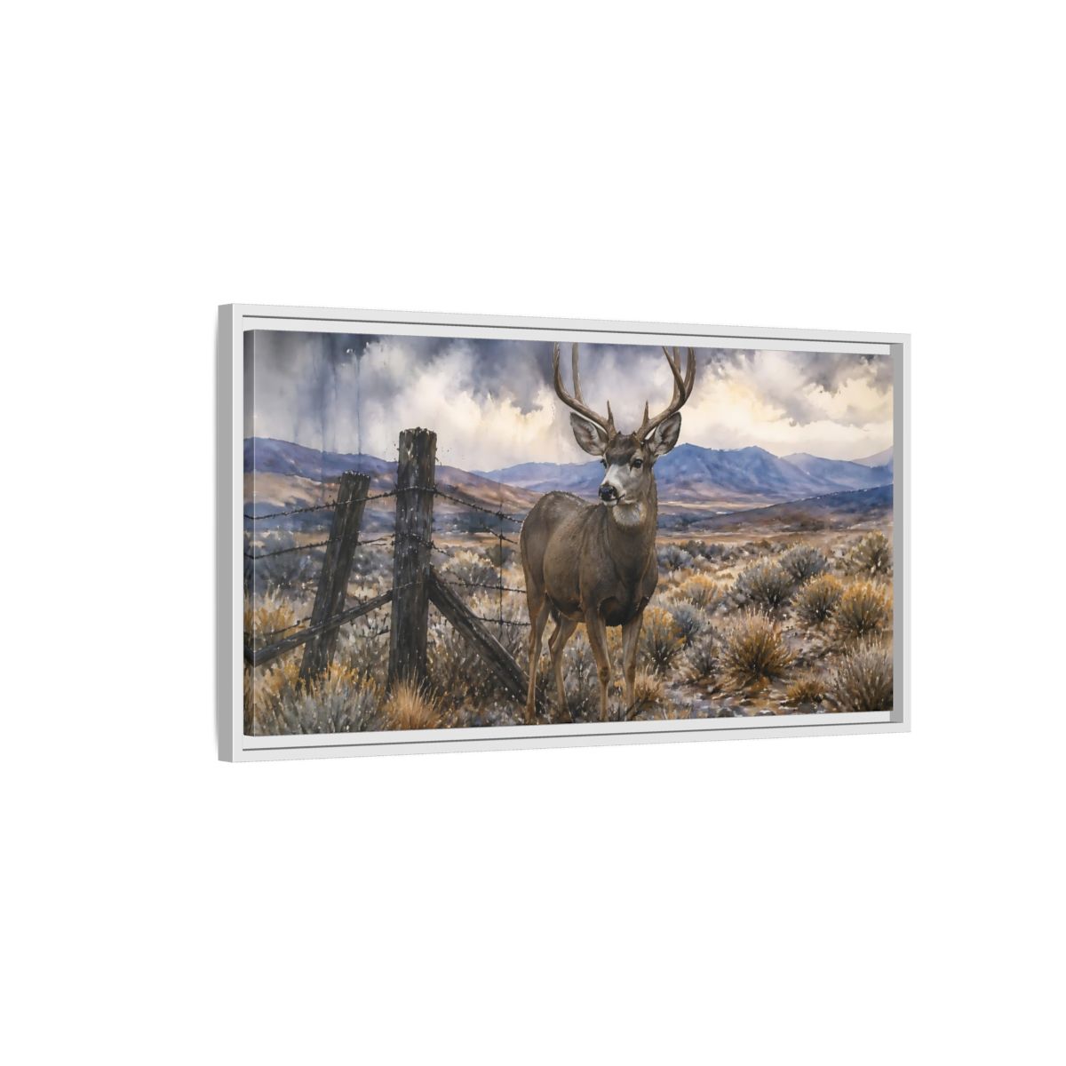 Side Mockup 1. High Desert Mule Deer shown as framed canvas print