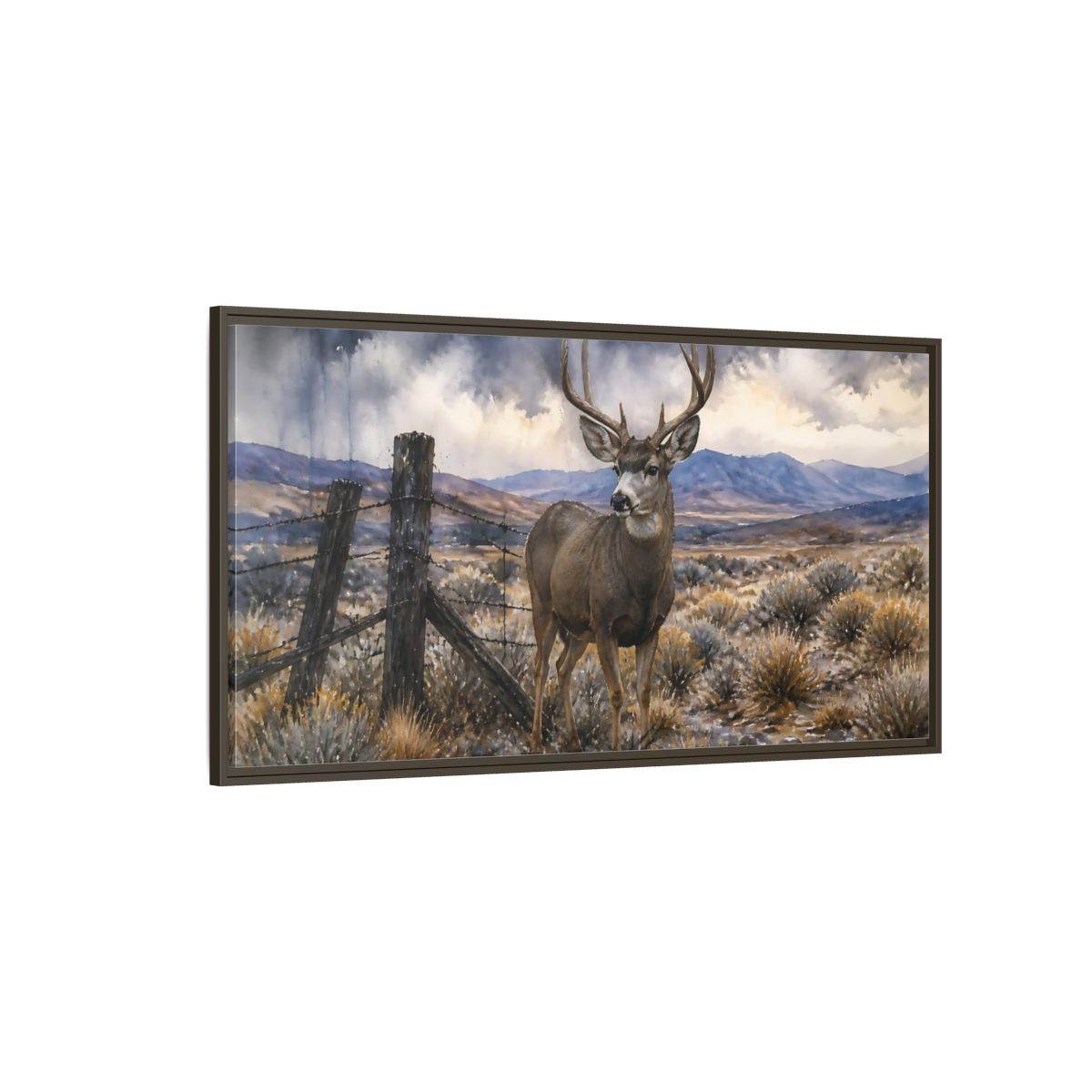 Side Mockup 4. High Desert Mule Deer shown as framed canvas print