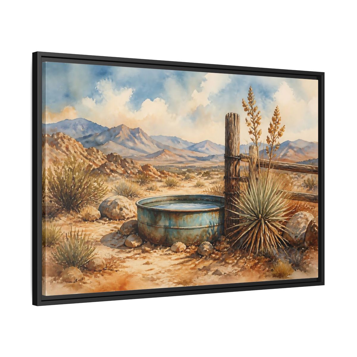 Side Mockup 13. High Desert Water Trough shown as framed canvas print