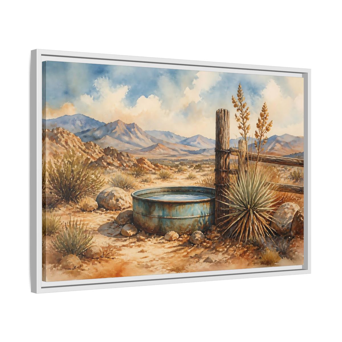 Side Mockup 10. High Desert Water Trough shown as framed canvas print