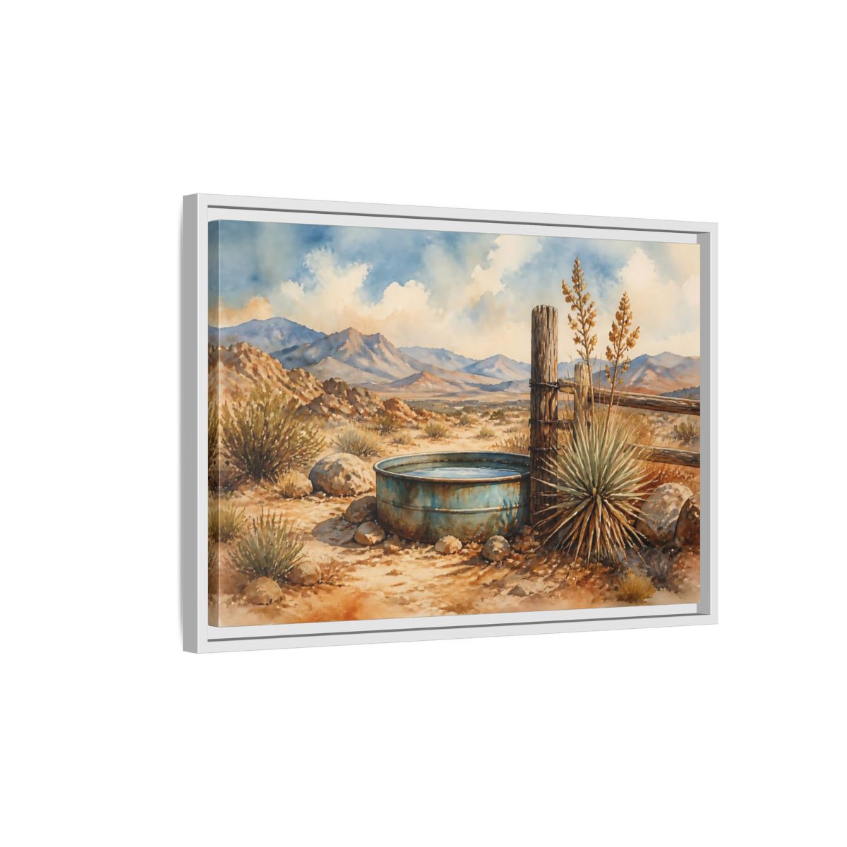 Side Mockup 1. High Desert Water Trough shown as framed canvas print