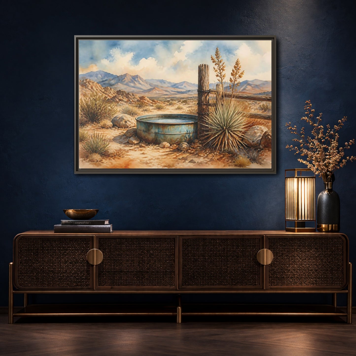 Mockup 4. High Desert Water Trough shown as framed canvas print
