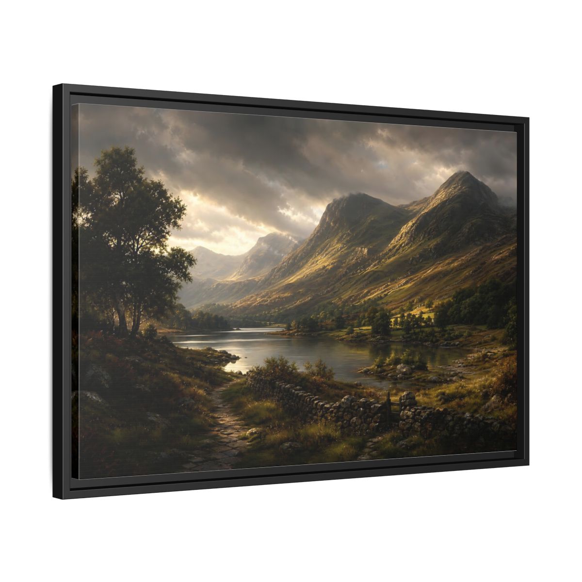 Side Mockup 14. Highland Lake At Dusk shown as framed canvas print